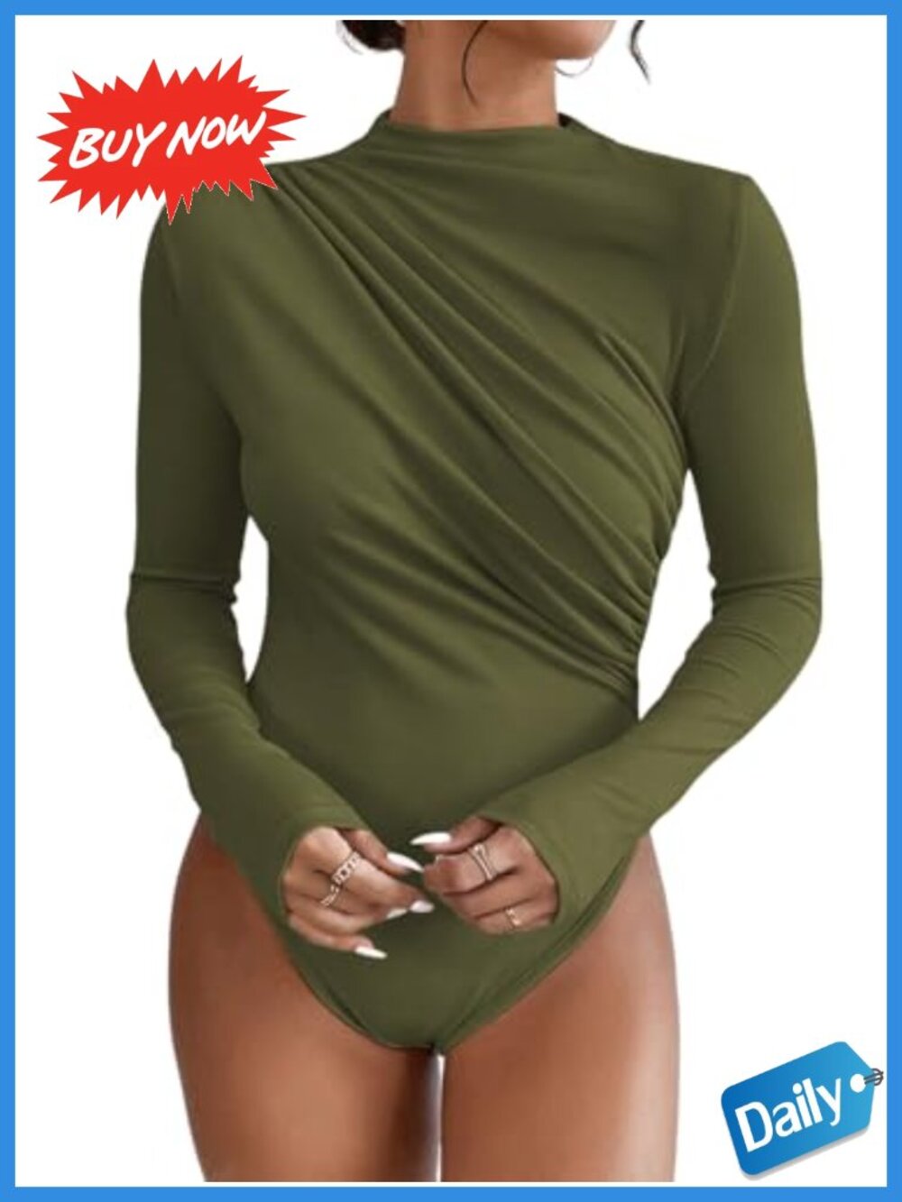Womens Mock Neck Ruched Long Sleeve Bodysuit Jumpsuit